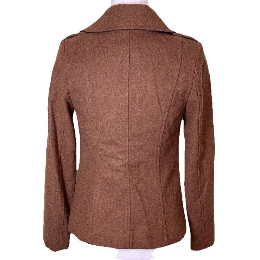 Women’s Brown Wool Blend Double Breasted Jacket‎ Classic Tailored Peacoat Sz XS